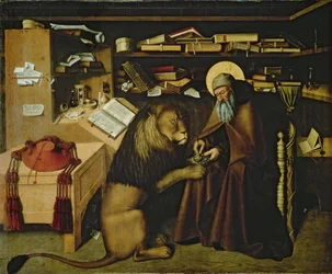 Sint-Hiëronymus verwijdert een doorn uit de poot van de leeuw, ca. 1445